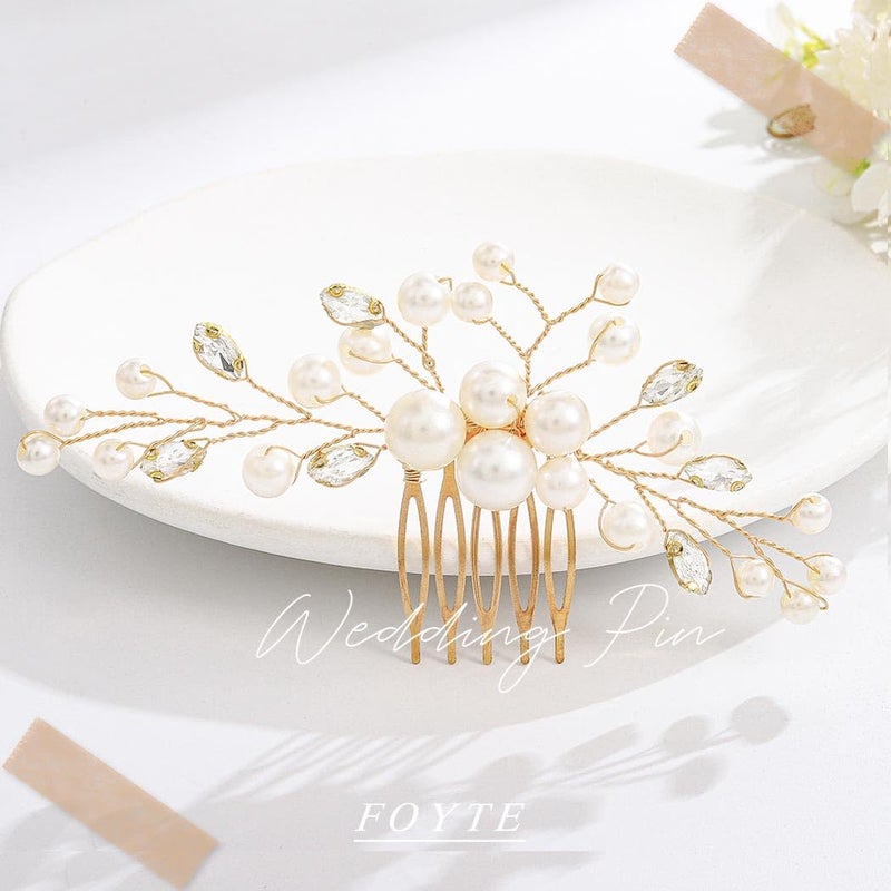 Foyte Wedding Pearl Hair Comb Bridal Rhinestone Headpieces Crystal Hair Piece Bridesmaid Hair Accessories for Women and Brides (Gold) - Image 2